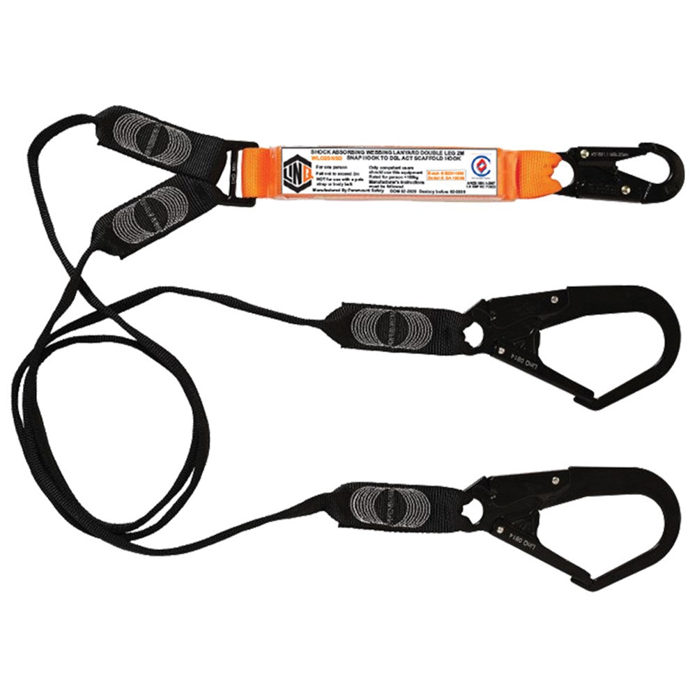 A LINQ Elite Double Leg Shock Absorbing Webbing Lanyard With Hardware, featuring black webbing, an orange label, and metal hooks.