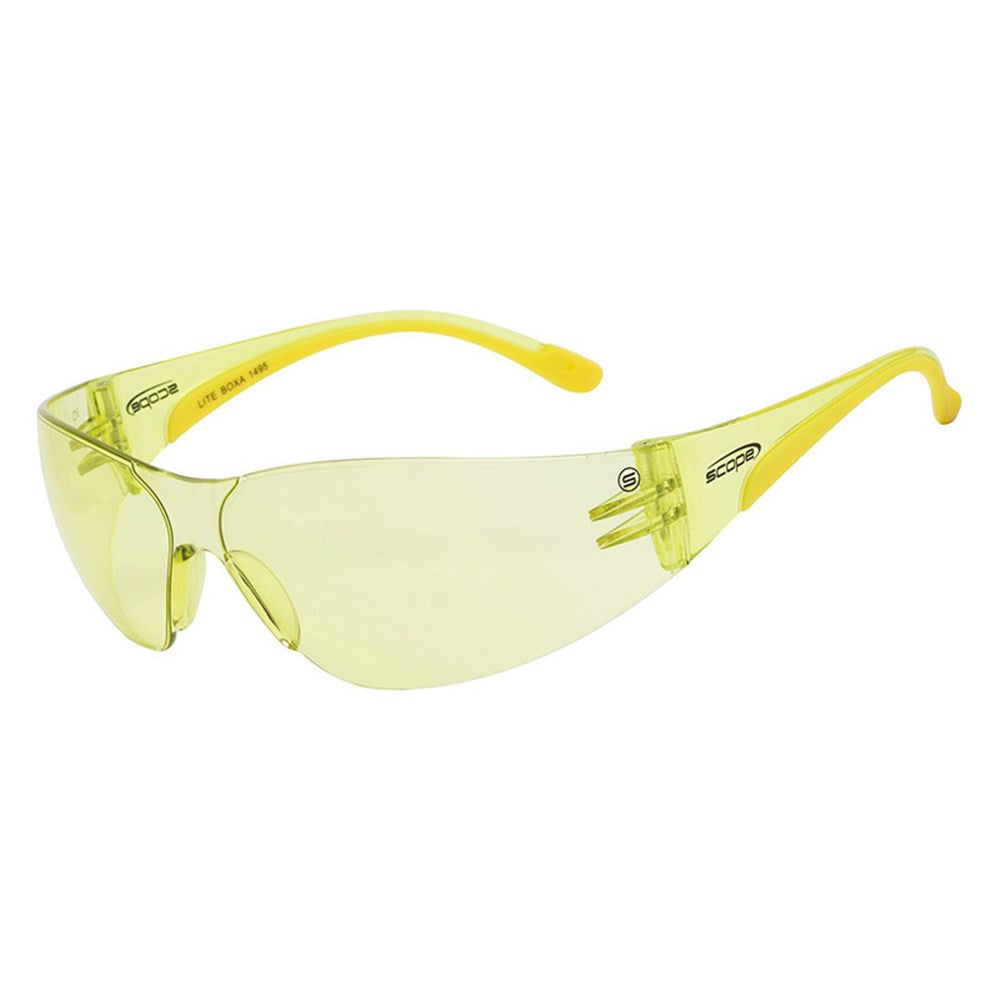 A pair of protective eyewear with a rimless polycarbonate frame and amber lenses.