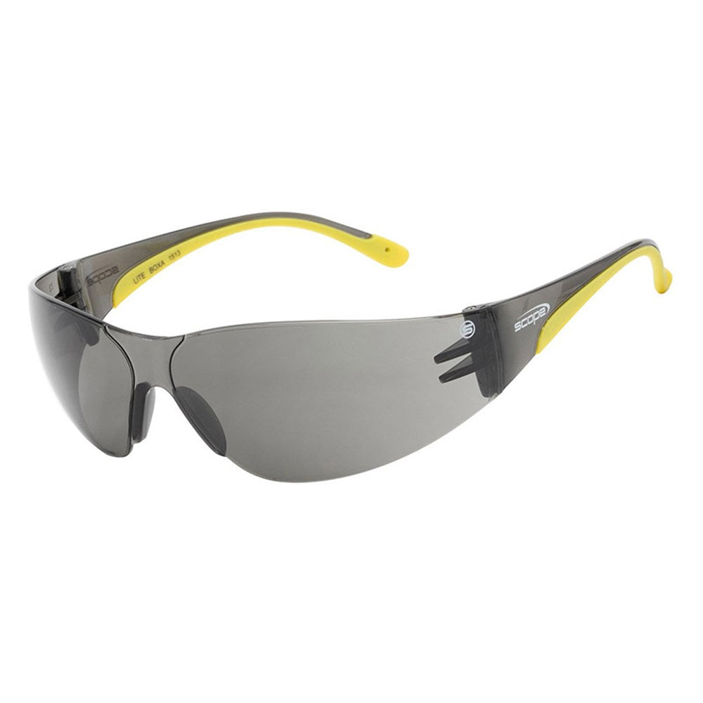 A pair of protective eyewear with a rimless frame and smoke-colored lenses, featuring yellow temples.