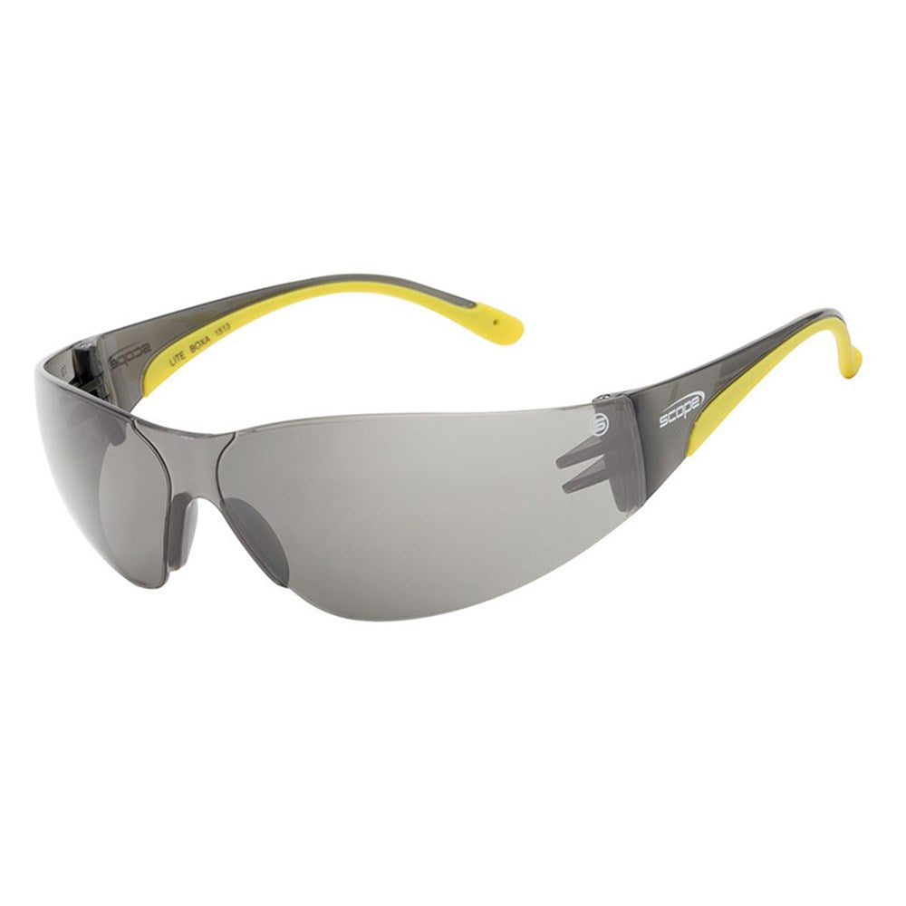 A pair of Lite Boxa protective eyewear with silver mirror lenses and yellow accents on the frame.