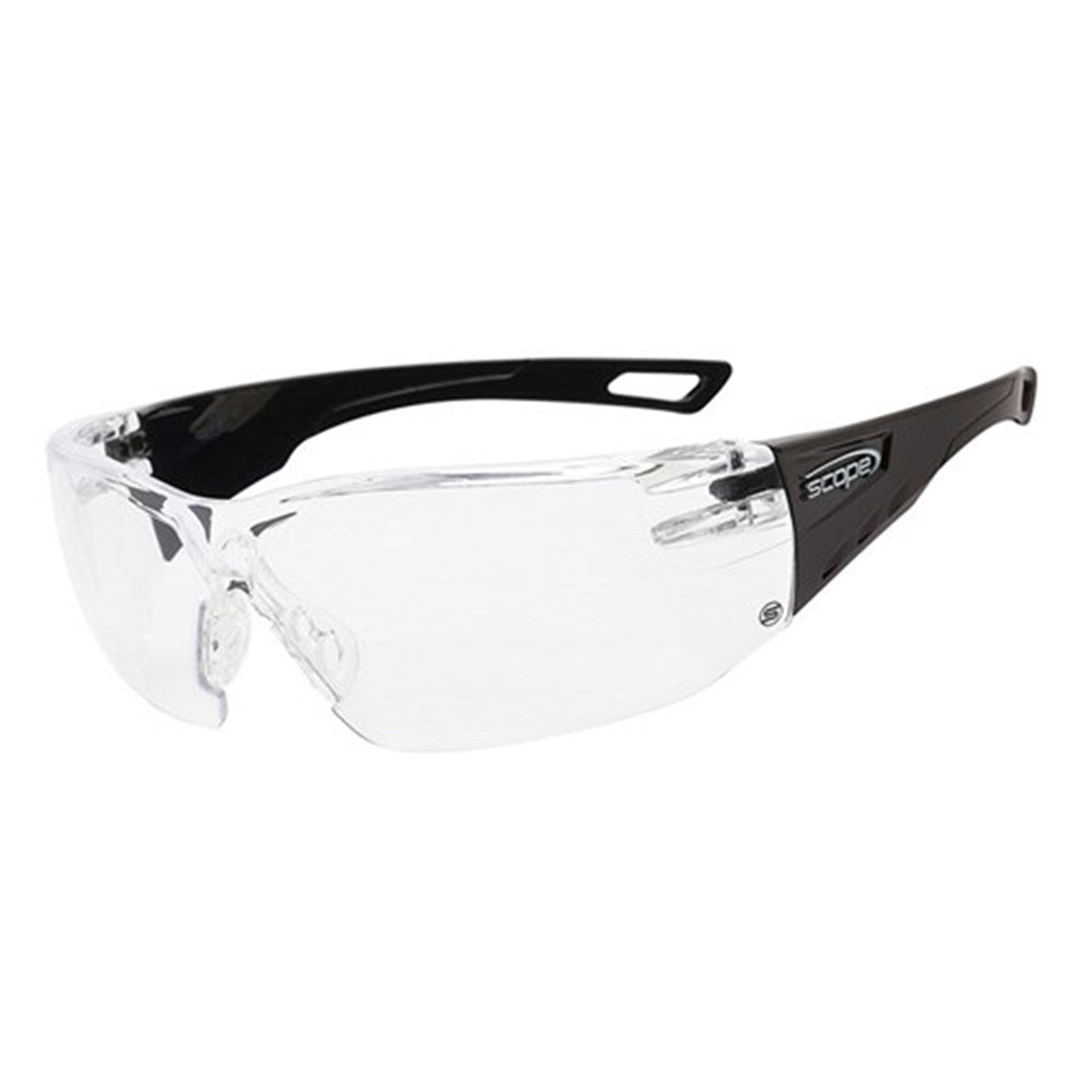 Frameless lightweight wraparound protective eyewear with clear lenses, featuring an adjustable soft PVC nose bridge and smooth pressure-free temples.