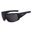 A pair of black glossy framed sunglasses with smoke lenses, featuring a large 8 base lens design and lightweight TR90 frame.
