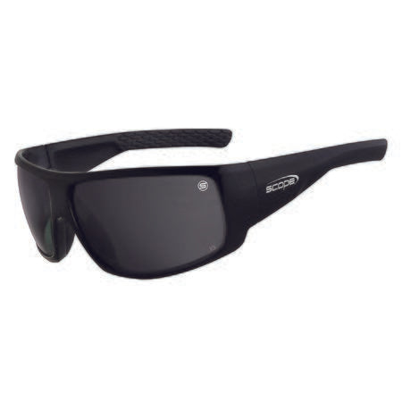 A pair of black glossy framed sunglasses with smoke lenses, featuring a large 8 base lens design and lightweight TR90 frame.