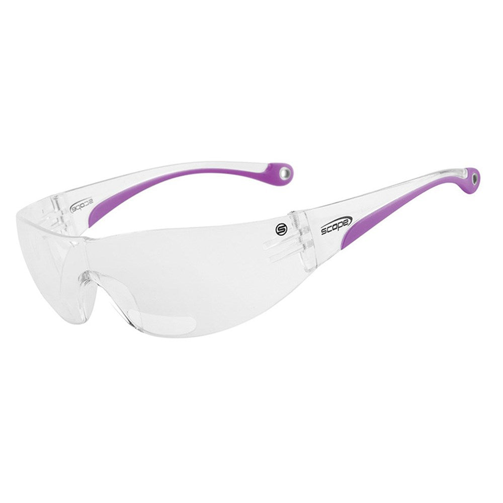 A pair of protective eyewear with clear lenses and purple temples, designed for both safety and reading.