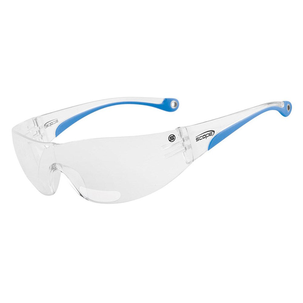 A pair of protective eyewear with clear lenses and blue temples.