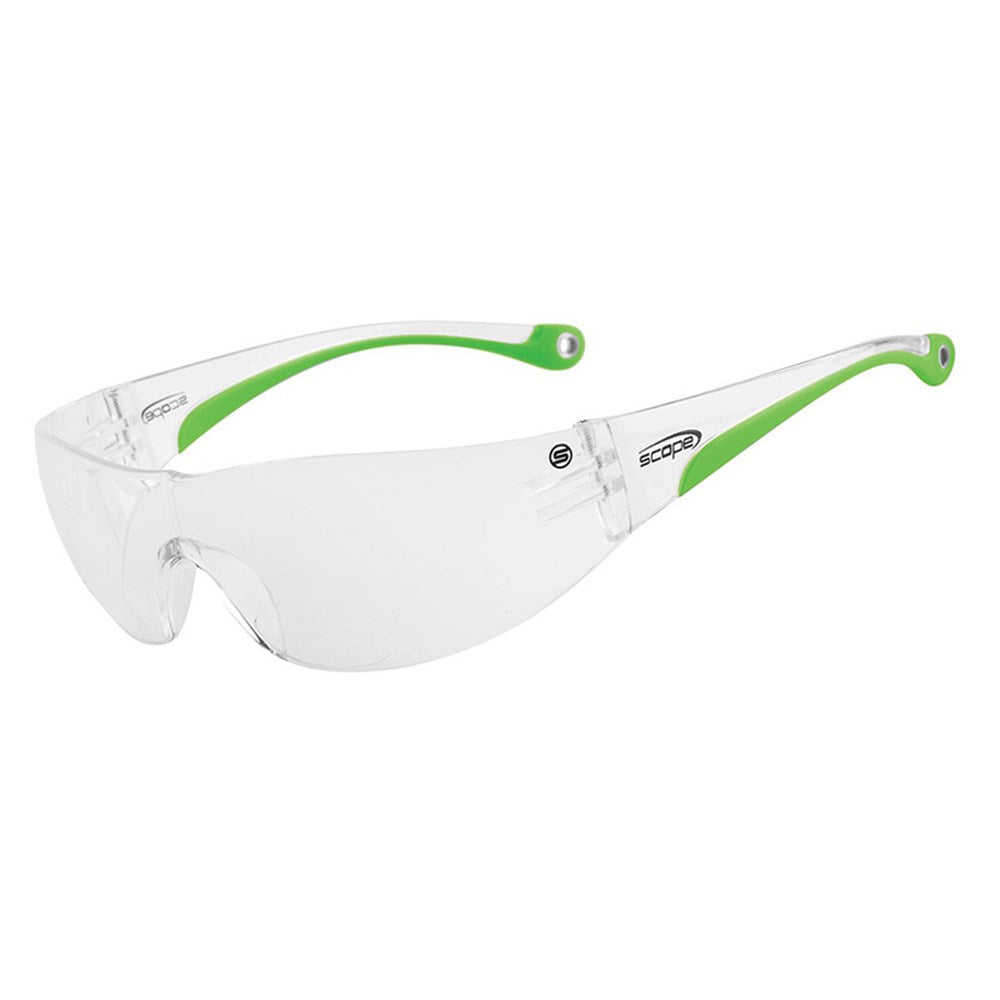A pair of protective eyewear with clear lenses and green temples, designed for both safety and reading.
