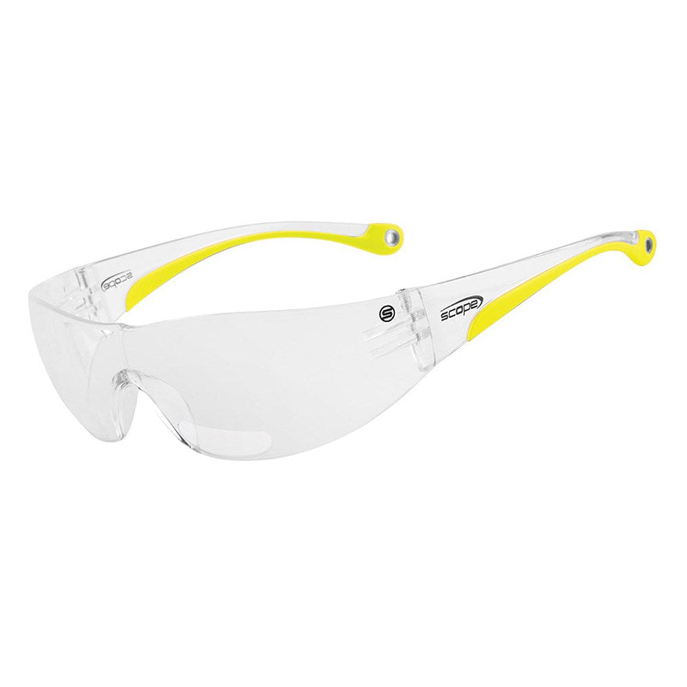 A pair of protective eyewear with clear lenses and yellow temples, designed for both safety and reading.