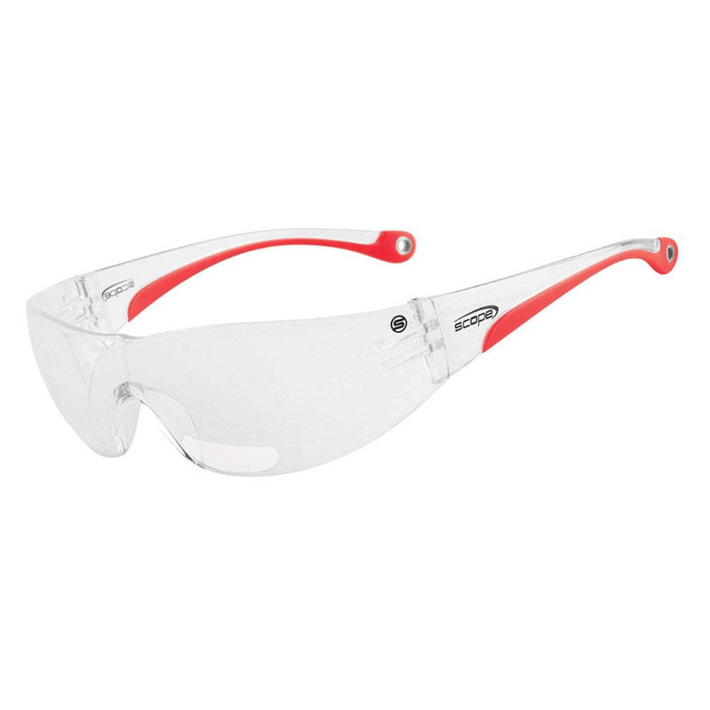 A pair of protective eyewear with clear lenses and red temples, designed for both safety and reading.