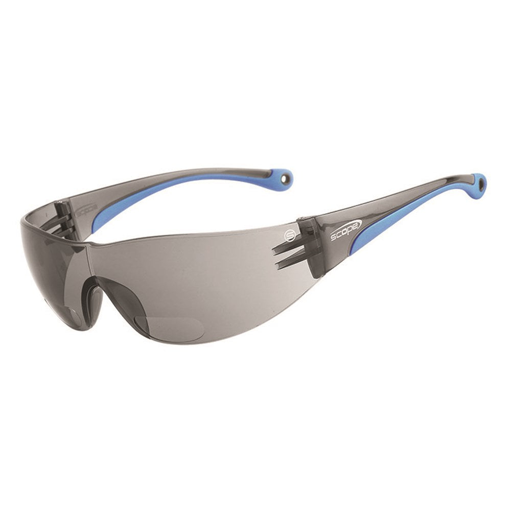 A pair of protective eyewear with smoke lenses and blue temples, designed for both safety and reading.