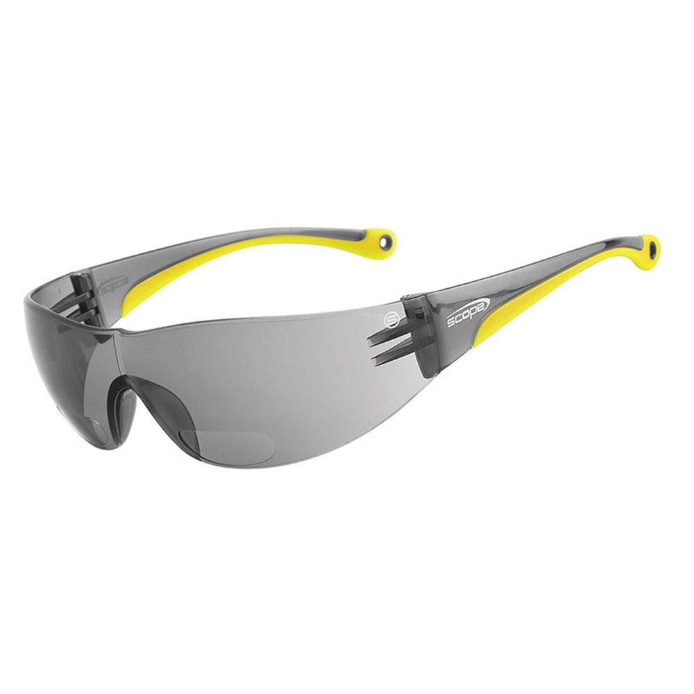 A pair of protective eyewear with smoke lenses and yellow temples, designed for both safety and reading.