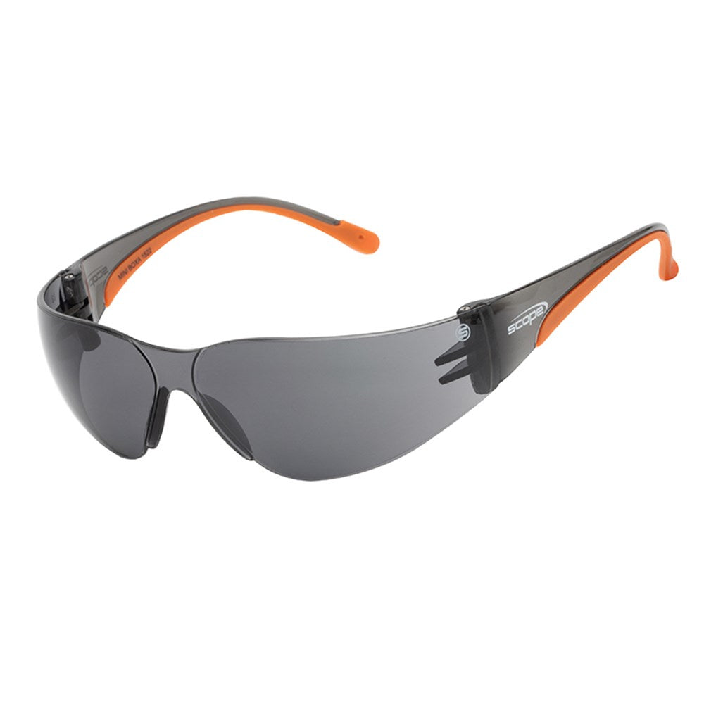 Protective eyewear with a one-piece rimless polycarbonate frame, featuring orange temples and a dark lens with anti-fog/anti-scratch coating.