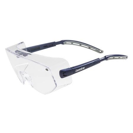 A pair of protective eyewear with clear lens and black and gray frame, designed to fit over existing glasses.