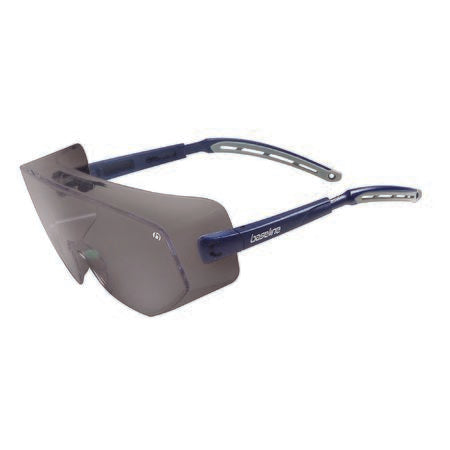 A pair of protective eyewear with smoke gray lens and blue frame.