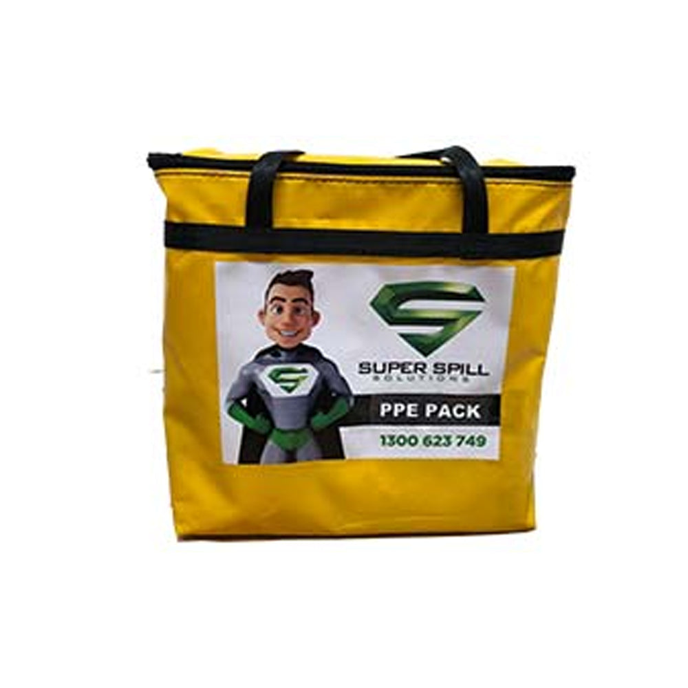 Yellow PVC bag with black straps and label "PPE Pack General Purpose"