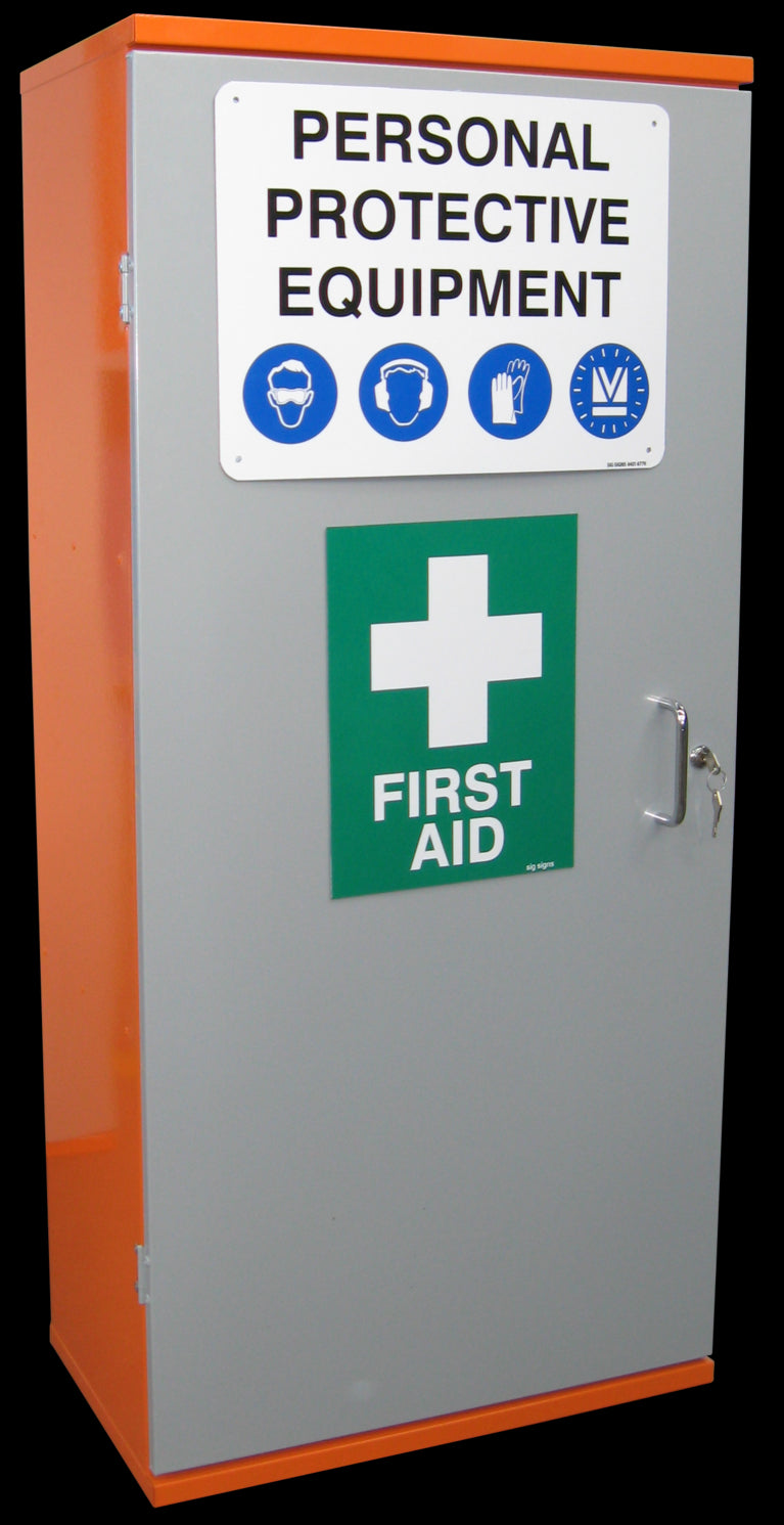 A single-door PPE storage cabinet with a gray body and orange base, featuring a white label with 'PERSONAL PROTECTIVE EQUIPMENT' text and safety symbols.