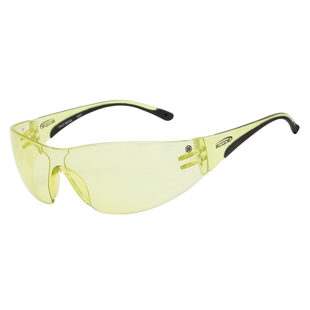 A pair of protective eyewear with amber yellow lenses and a lightweight polycarbonate frame.