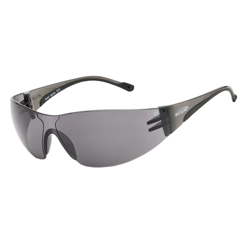 A pair of protective eyewear with a rimless polycarbonate frame and smoke-colored anti-fog/anti-scratch lenses.