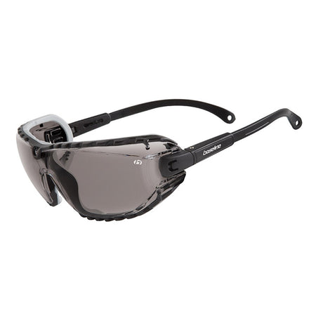 A pair of black protective eyewear with smoke lenses designed for industrial or construction use.