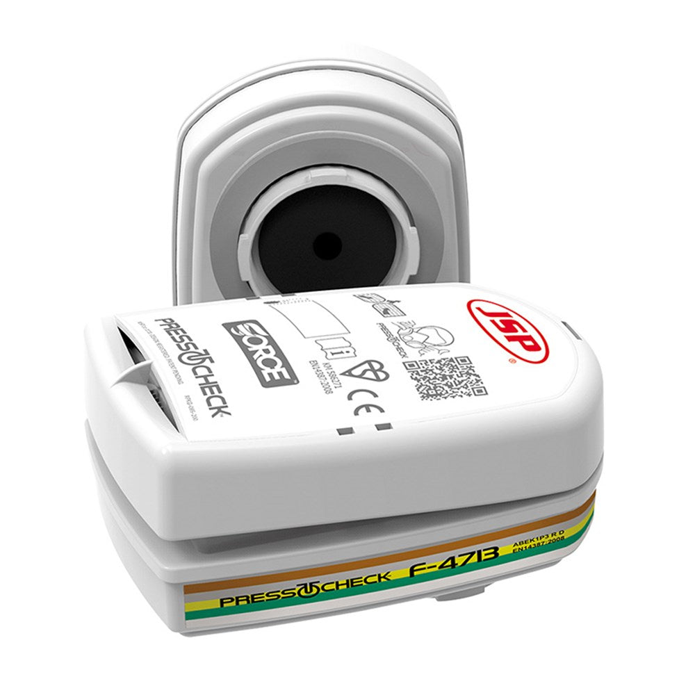 A white air purifying half mask with a gray filter cartridge, equipped with PressToCheck technology for easy face-fit verification.