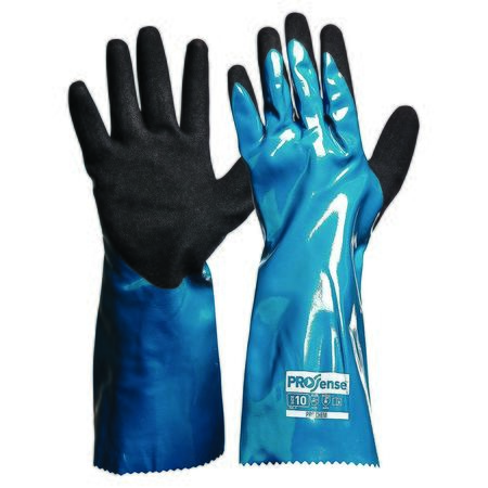 A pair of green and black nitrile safety gloves with a seamless knit liner, designed for protection against chemicals.