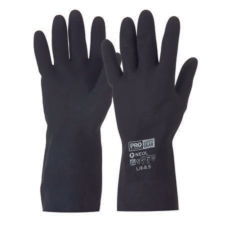A pair of black neoprene gloves with text on the cuff.