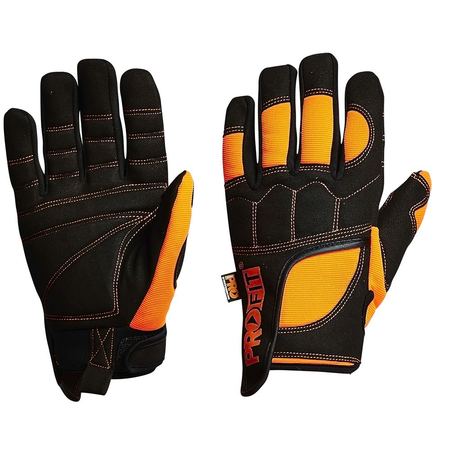 A pair of safety gloves with black and orange color scheme, featuring padded palms and knuckles, with a Velcro strap for fit.