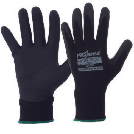 A pair of black Prosense safety gloves with nitrile coating on the palms and fingers, and a green cuff.