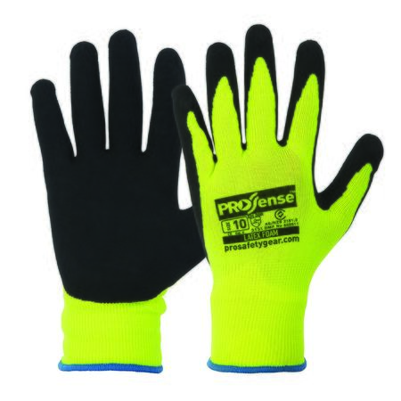 A pair of Prosense high-visibility yellow gloves with black latex foam on the palms and fingers for grip.