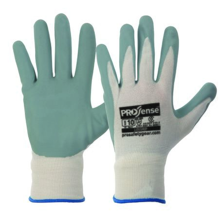A pair of Prosense Lite Grip Gloves with nitrile foam coated palms and fingers, and a lightweight nylon liner.