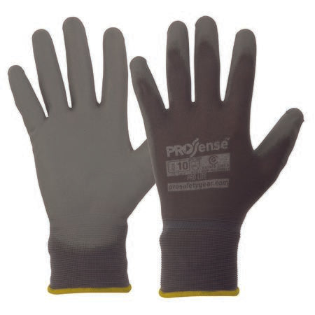 A pair of gray Prosense safety gloves with polyurethane coating on the palm