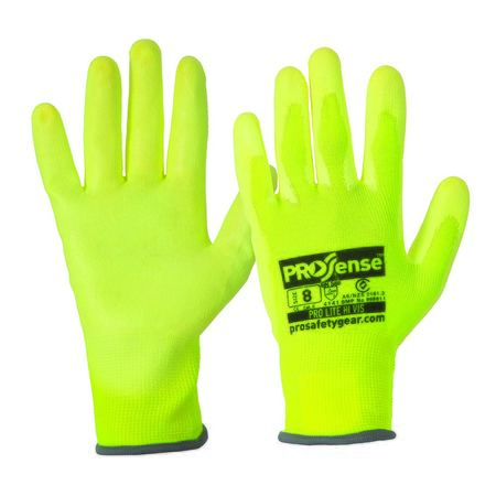 A pair of Prosense high visibility gloves with polyurethane coated palm, in yellow color.