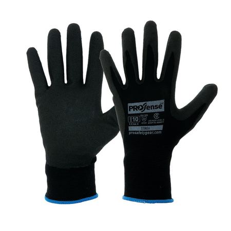 A pair of Prosense brand safety gloves, with the brand logo and name visible on the wrist area. The gloves are black with a blue trim and appear to be seamless, knitted with a coating.