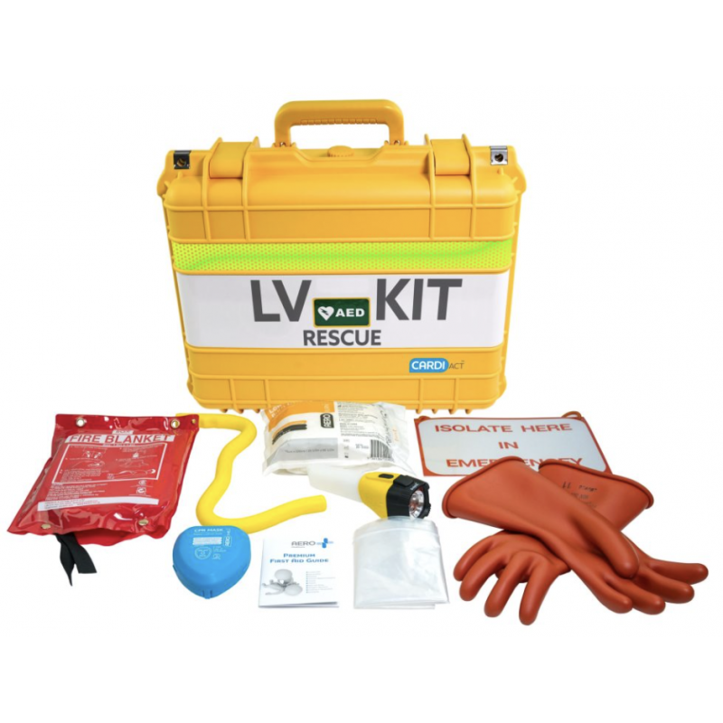 A set of emergency response tools including a yellow waterproof case with reflective strips, insulating gloves, a rescue hook, a torch, and a defibrillator pad.