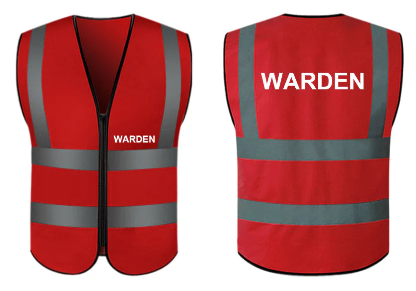 A red high visibility warden vest with reflective stripes and the word 'WARDEN' printed on the front and back.