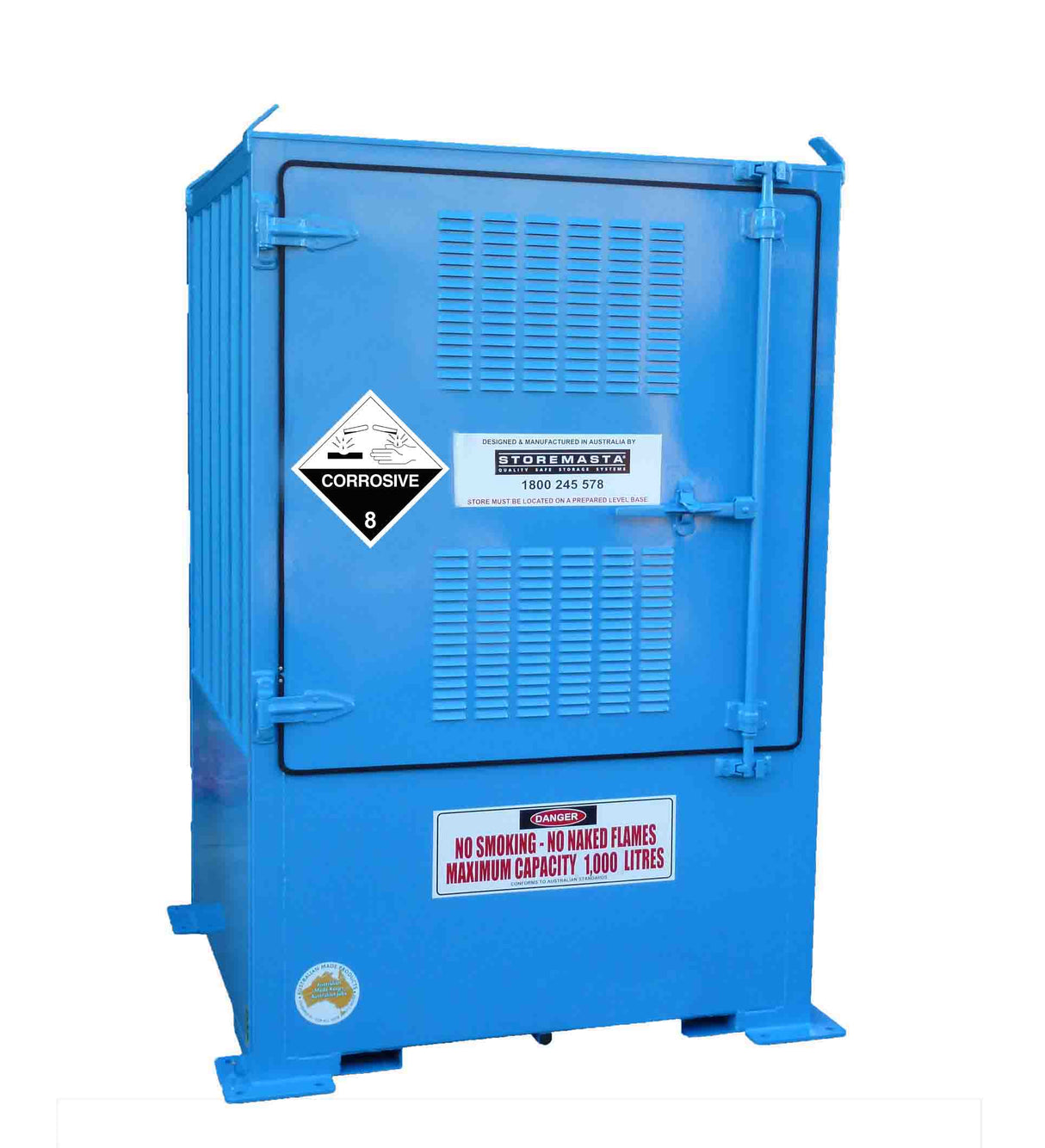 A blue single depth corrosive substance store with steel sheeting doors and warning stickers on the front.