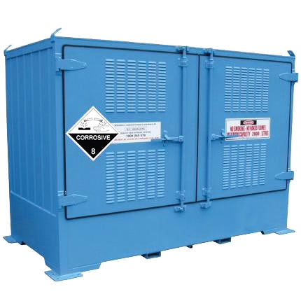 Blue corrosive substance storage container with warning labels and locking bars.