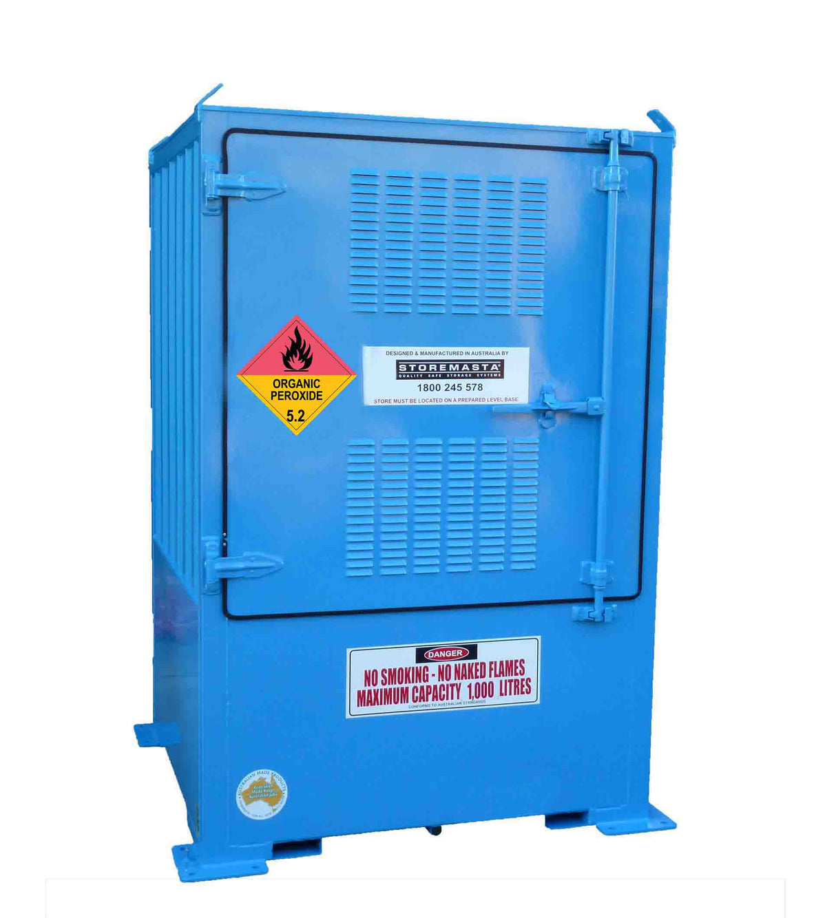 A blue relocatable bulk dangerous goods container with warning stickers and labels.
