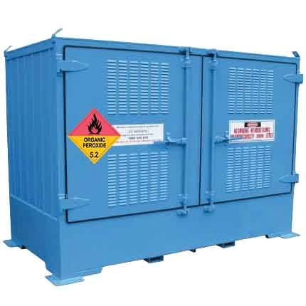 Blue single depth organic peroxide store with signage and ventilation grilles.