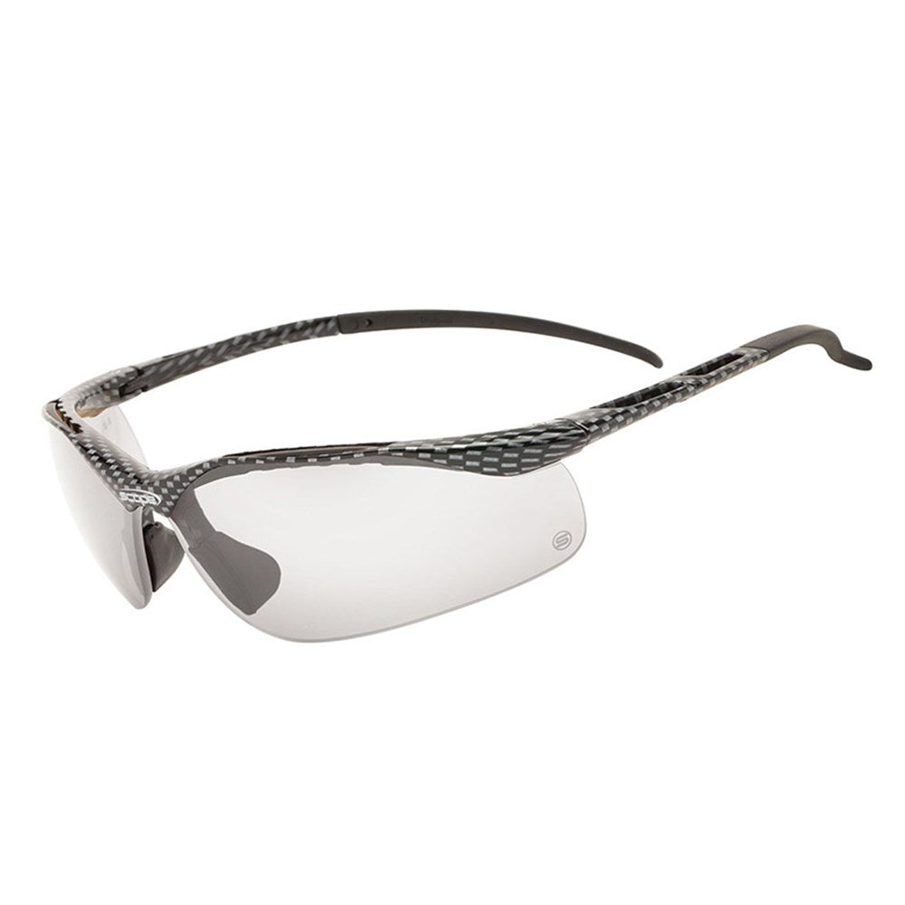 A pair of protective eyewear with a half-frame dual-lens design, featuring a carbon fibre gloss finish, rubber nose pads, and rubber temple tips.