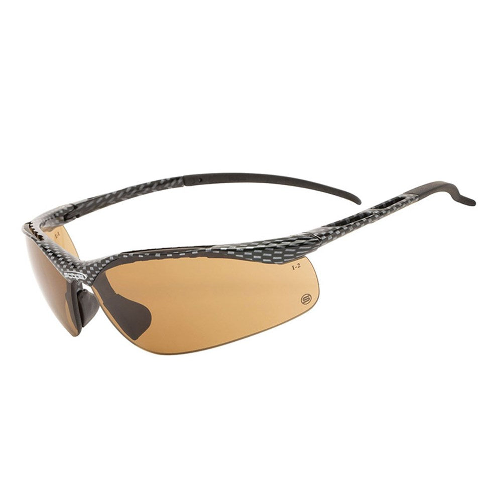 A pair of protective eyewear with a half-frame dual-lens design, featuring a carbon fibre gloss finish and copper tinted lenses.