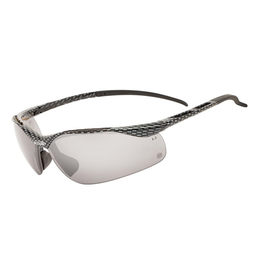 A pair of protective eyewear with silver mirror lenses and a gloss finish, featuring an ergonomic design with rubber nose pads and temples.
