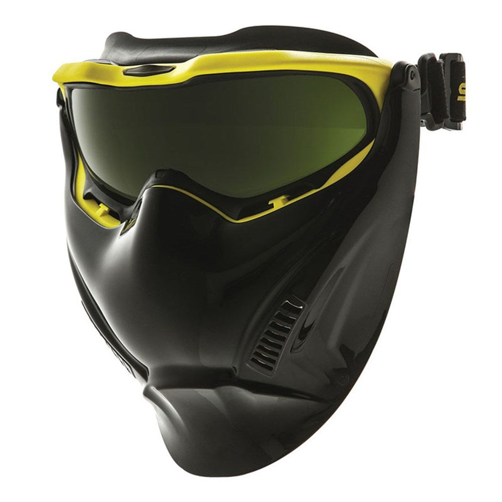 A pair of protective eyewear with a black frame and yellow lenses, featuring a flip-up visor with an extended chin guard, and indirect ventilation system.