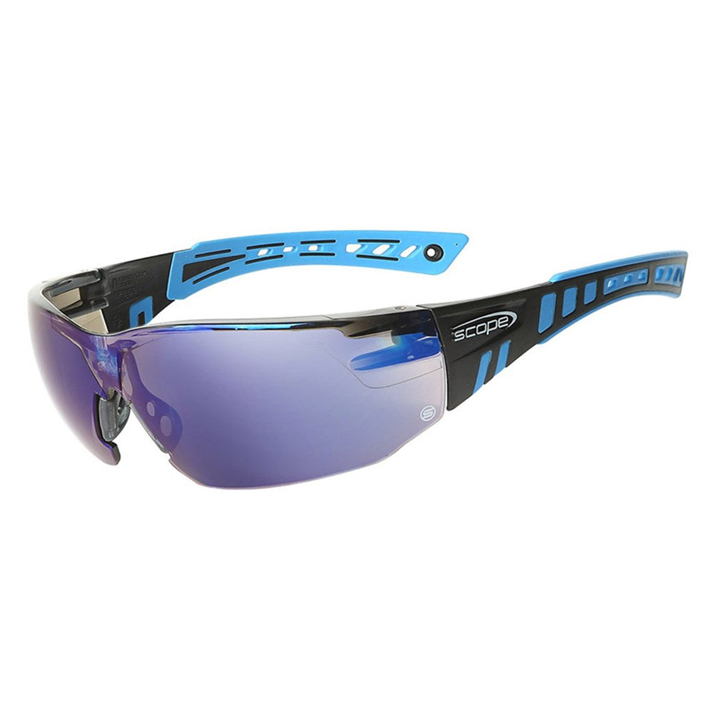 A pair of wrap-around protective eyewear with blue frame and mirror lens, featuring a soft PVC nose bridge and rubber temples.