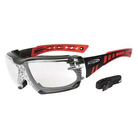 A pair of protective eyewear with a red and black frame, clear lens, and an adjustable elastic strap.
