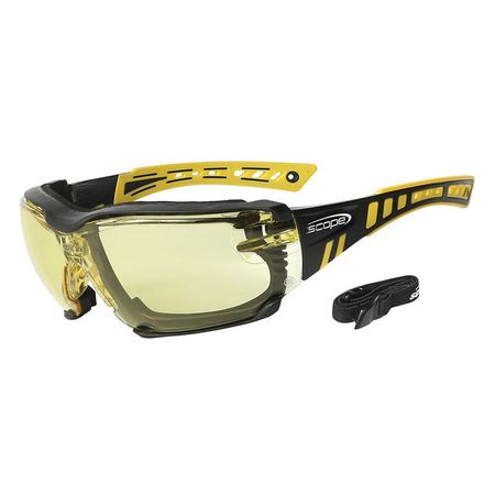 A pair of protective eyewear with a yellow frame and black accents, featuring a clear lens with a tinted section, and an attached black elastic strap.