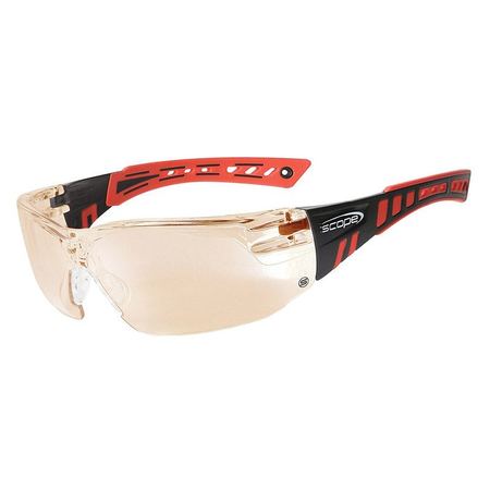 Protective eyewear with a red and black frame and clear lenses, featuring an adjustable soft PVC nose bridge and rubber temples.