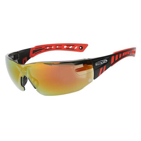 A pair of protective eyewear with a red and black frame and red mirror lenses.
