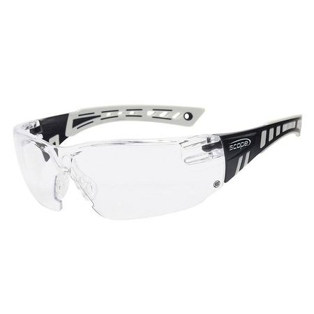 Protective eyewear with a white and navy blue frame, clear lens, and black accents.