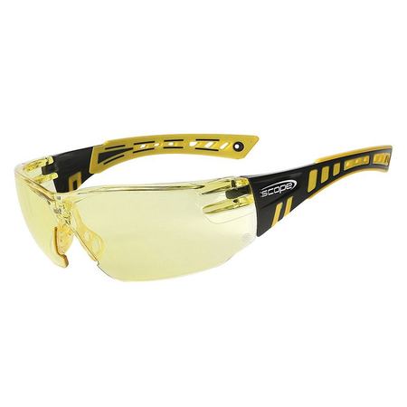 A pair of protective eyewear with a yellow frame and black accents, featuring amber tinted lenses and an adjustable nose bridge.