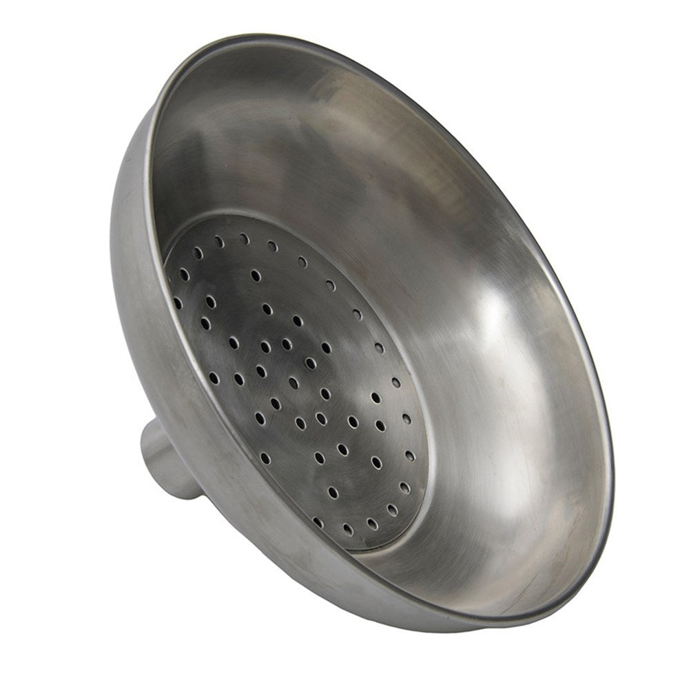 A stainless steel shower head with water nozzles, designed for use in safety showers.